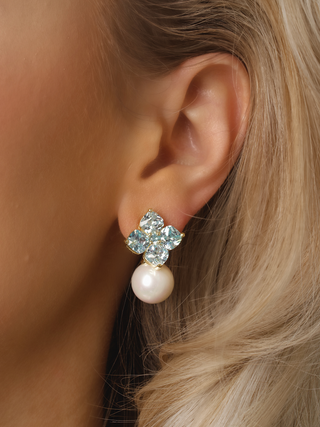 Crystal Hydrangea Pearl Earrings - Aqua