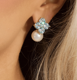 Crystal Hydrangea Pearl Earrings - Aqua
