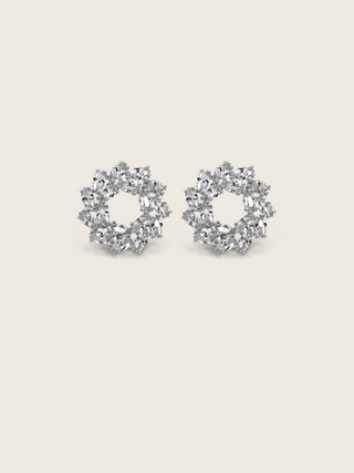 White gold wreath-style Amanda stud earrings featuring clustered marquise and round-cut stones in a circular silhouette