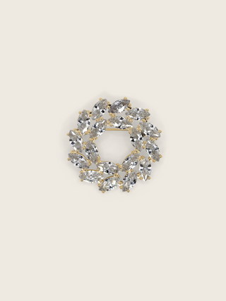 Amanda Brooch in 14k gold plating with clear crystal marquise cut cubic zirconia stones in wreath design, displayed on neutral background
