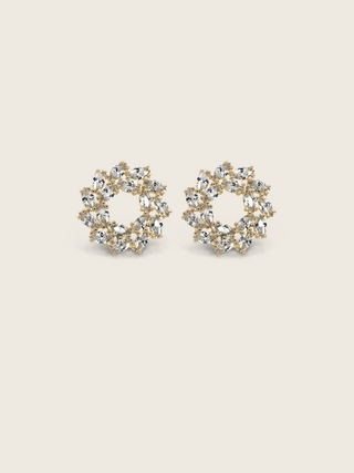 Gold plated wreath-style stud earrings with clustered marquise and round-cut clear stones on a neutral background