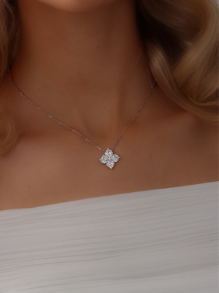 Model wearing the Crystal Hydrangea Necklace with a white gold-plated chain, styled with a white dress to highlight the neckline and the intricate hydrangea pendant.