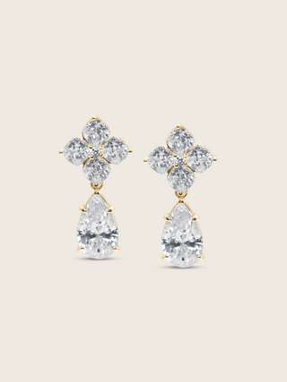 The Crystal Hydrangea Pear Drop Earrings featuring a finely cut crystal hydrangea top and a pear-shaped CZ drop, set in sterling silver with gold plating, displayed on a clean white background.