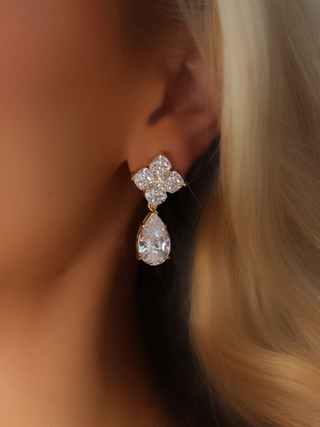 Close-up of a model wearing the Crystal Hydrangea Pear Drop Earrings, showcasing the delicate pear-shaped CZ drop and the detailed hydrangea top in a gold-plated sterling silver setting.