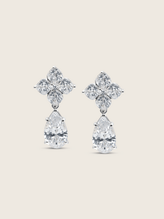 The Crystal Hydrangea Pear Drop Earrings featuring a finely cut crystal hydrangea top and a pear-shaped CZ drop, set in sterling silver with white gold plating, displayed on a clean white background.