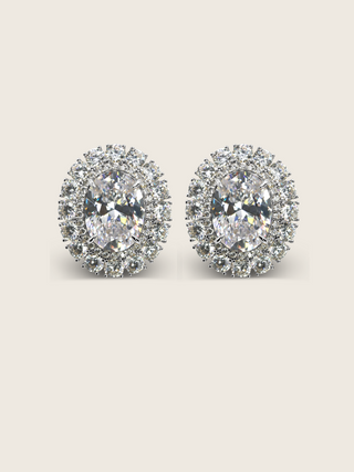Diana earrings with clear crystal cubic zirconia in a double halo oval design with premium White Gold plating