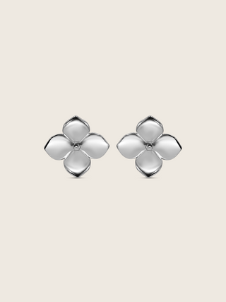 Florence hydrangea-inspired stud earrings crafted from sterling silver with premium white gold plating, featuring smooth polished petals and a sleek sculptural design, displayed flatly on a white background