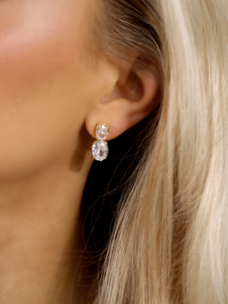 Close up of Elodie gold plated earrings, with oval stone drop design showcasing sparkly clear stones