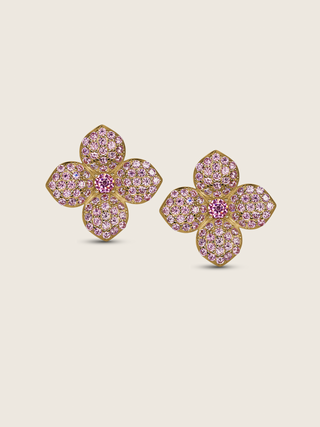 Gold plated hydrangea stud earrings with light pink cubic zirconia and pink centre stones, bold floral silhouette with a soft sparkle finish