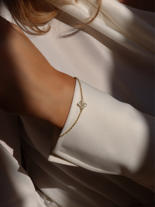 Gold plated Mini Hydrangea bracelet sparkling in natural sunlight, worn on wrist