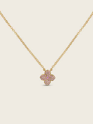 Mini hydrangea necklace with light pink cubic zirconia and pink centre stone, set in 14k gold plating, delicate pendant on a fine chain with floral charm