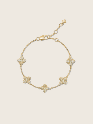 Gold plated hydrangea flower bracelet with lemon yellow CZ stones, dainty chain and five mini floral charms