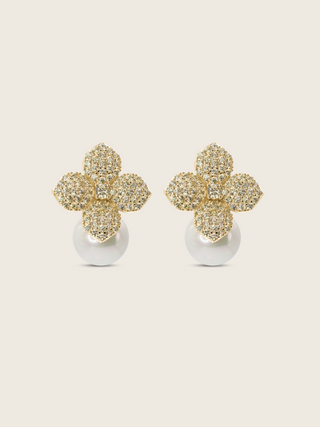 Gold plated Hydrangea earrings with yellow CZ sparkly stones and shell pearl, photographed on a neutral background, perfect for weddings and other formal occasions