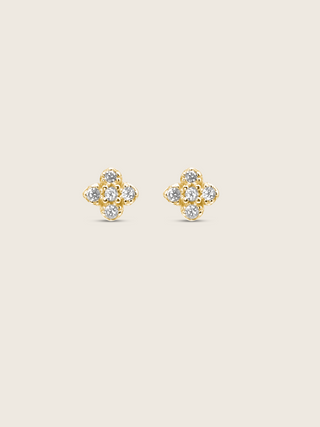 Gold plated micro hydrangea pavé earrings, small stud design inspired by hydrangea flowers, showcasing intricate pavé details and luxurious sparkle, displayed flatly on a white background.