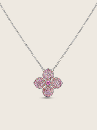 hydrangea necklace with light pink stones, white gold plated flower pendant shown on a white background. Perfect for everyday wear.