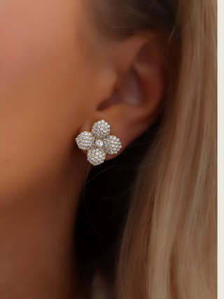 Close-up of gold plated Hydrangea stud earring with clear pavé stones worn on model’s ear, showing soft floral detail