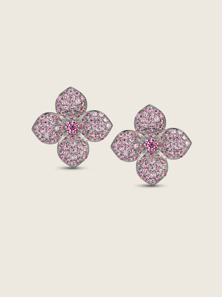 Light pink pavé flower stud earrings with four rounded petals and a central pink stone, set in premium White Gold plating