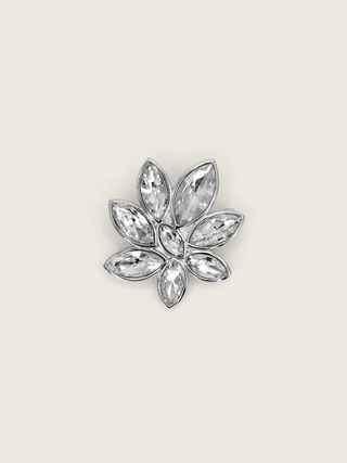 Iris Brooch with premium White Gold plating featuring marquise cut clear cubic zirconia stones in floral design, displayed on neutral background