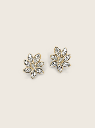 Iris Earrings in 14k gold plating with marquise cut clear crystal cubic zirconia stones in floral design, displayed on neutral background