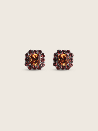 Isabella White Gold plated earrings featuring square cut brown CZ centerstone surrounded by smaller brown CZ stones in vintage 80s inspired design on white background