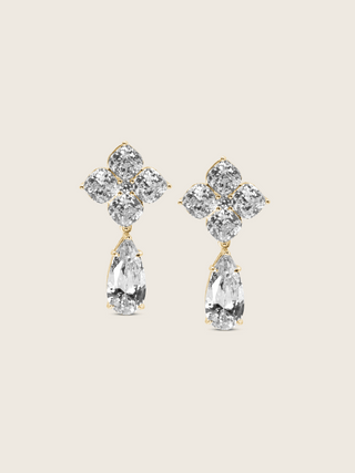 The Large Crystal Hydrangea Pear Drop Earrings featuring a substantial crystal top and a dramatic pear-shaped CZ drop, set in sterling silver with gold plating, displayed on a clean white background.