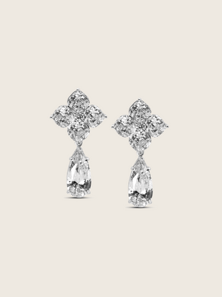 The Large Crystal Hydrangea Pear Drop Earrings featuring a substantial crystal top and a dramatic pear-shaped CZ drop, set in sterling silver with white gold plating, displayed on a clean white background.