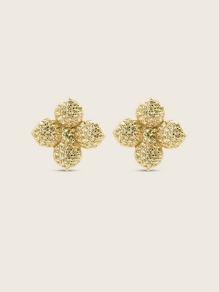 Gold-plated lemon drop hydrangea stud earring with floral textured petals, shown on white background