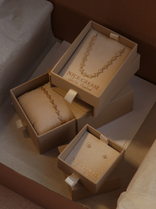 Overhead shot of the Micro Collection in brand packaging, showcasing the elegant presentation of the jewellery pieces.
