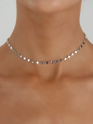 Micro Hydrangea necklace premium white gold plated brass with delicate flower chain links shown on model