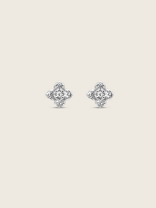 Luxury micro hydrangea pavé earrings in white gold, small stud design inspired by the hydrangea flower, showcasing intricate details and sparkling pavé crystals, displayed flatly on a white background.