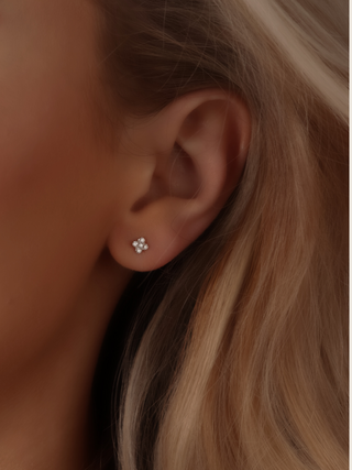 Close-up of luxury micro hydrangea pavé earrings in white gold plated, small stud design on model’s ear, showcasing the intricate hydrangea-inspired details and sparkling pavé crystals, perfect for an opulent yet affordable look.