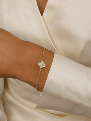 Close-up of gold-plated bracelet with 1.1cm lemon CZ hydrangea flower on model’s wrist