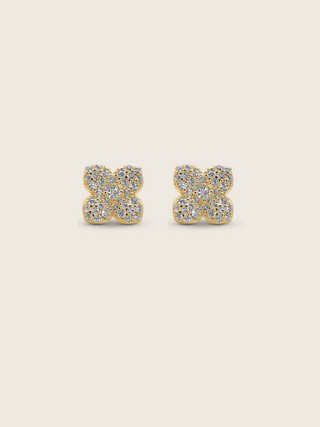 Mini Hydrangea stud earrings in gold plating with four rounded pavé petals and a delicate symmetrical floral design