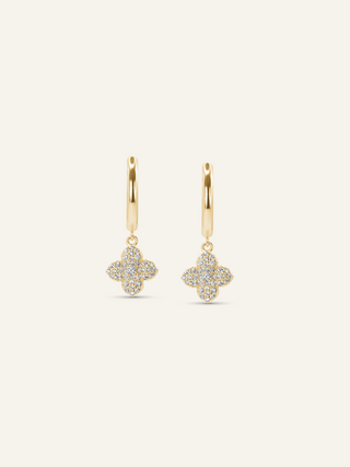 Mini Hydrangea hoop earrings with gold plating, dangling hydrangea flower design, and sparkly cubic zirconia stones, luxurious yet affordable jewellery on white background