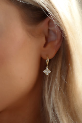 Mini Hydrangea hoop earrings in gold plating, featuring a delicate dangling hydrangea flower with sparkly cubic zirconia stones, worn by model, luxurious yet affordable jewellery brand.