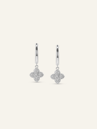 Mini Hydrangea hoop earrings with white gold plating, delicate dangling hydrangea flower design, and sparkly cubic zirconia stones, luxurious yet affordable jewellery on white background