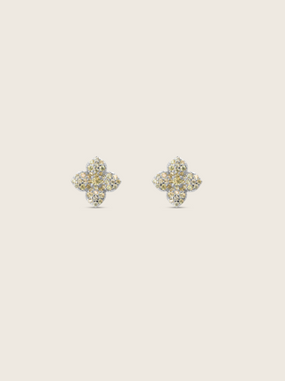 Mini hydrangea stud earrings in premium white gold with lemon yellow cubic zirconia on neutral background