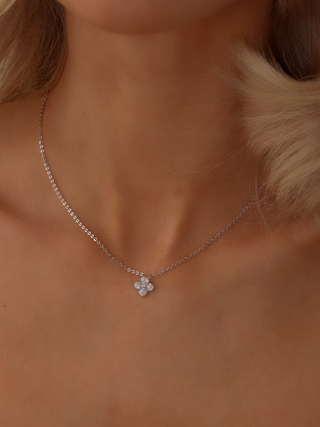 Mini Hydrangea necklace in premium White Gold plating worn on model, featuring a delicate pavé flower pendant on a fine chain
