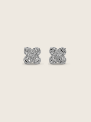 Mini Hydrangea stud earrings in premium White Gold plating with dainty pavé petals in a symmetrical four-leaf floral shape