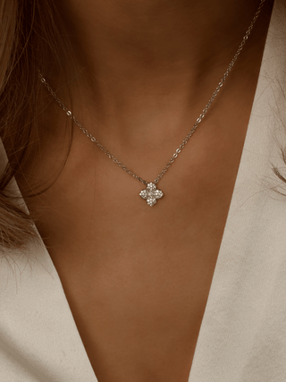 Mini Lemon Drop Hydrangea necklace with premium White Gold plating, worn on model’s neckline, featuring lemon CZ flower on a fine adjustable chain