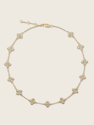 Gold plated Multi Mini Hydrangea necklace featuring a delicate chain with evenly spaced pavé flower charms in a symmetrical design