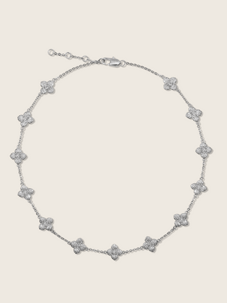 Multi Mini Hydrangea necklace in premium White Gold plating with a fine chain and evenly spaced pavé floral charms in a symmetrical arrangement