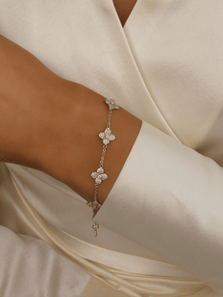 Multi Mini Lemon Drop Hydrangea bracelet in premium White Gold plating on model’s wrist, with repeated lemon CZ floral motifs on a fine adjustable chain