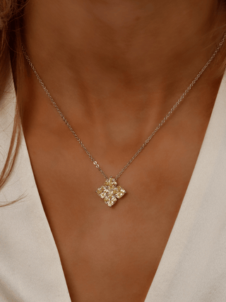 White Gold Crystal Hydrangea Necklace in Lemon Drop with CZ petals, displayed on a model's neckline