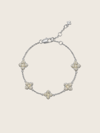 Premium white gold hydrangea flower bracelet with lemon yellow CZ stones and delicate mini floral charms on a fine chain