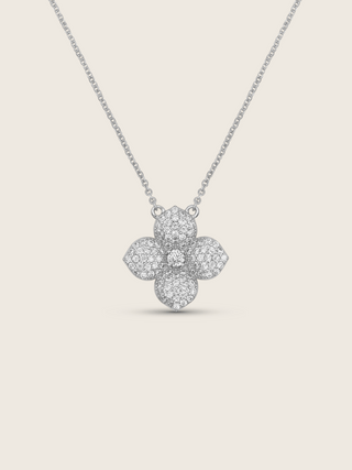 Hydrangea pendant necklace in white gold plating with pavé cubic zirconia floral detailing on fine chain