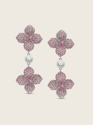 White gold plated hydrangea drop earrings with light pink cubic zirconia and a freshwater pearl, a delicate floral design with soft movement and subtle elegance