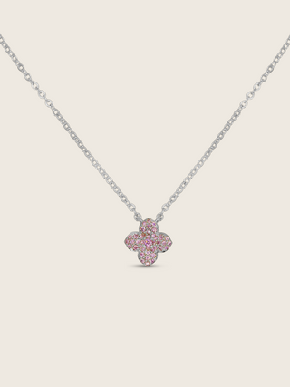Mini hydrangea necklace with light pink cubic zirconia stones and pink centre gem, set in white gold plating, delicate floral pendant on fine chain