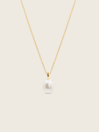 14k gold plated Audrey necklace, with a freshwater pearl and fine gold chain displayed on a neutral background