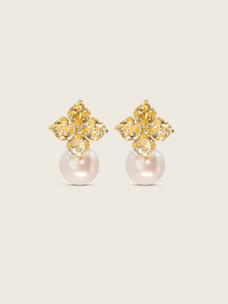 Crystal Hydrangea Pearl Earrings - Lemon Drop